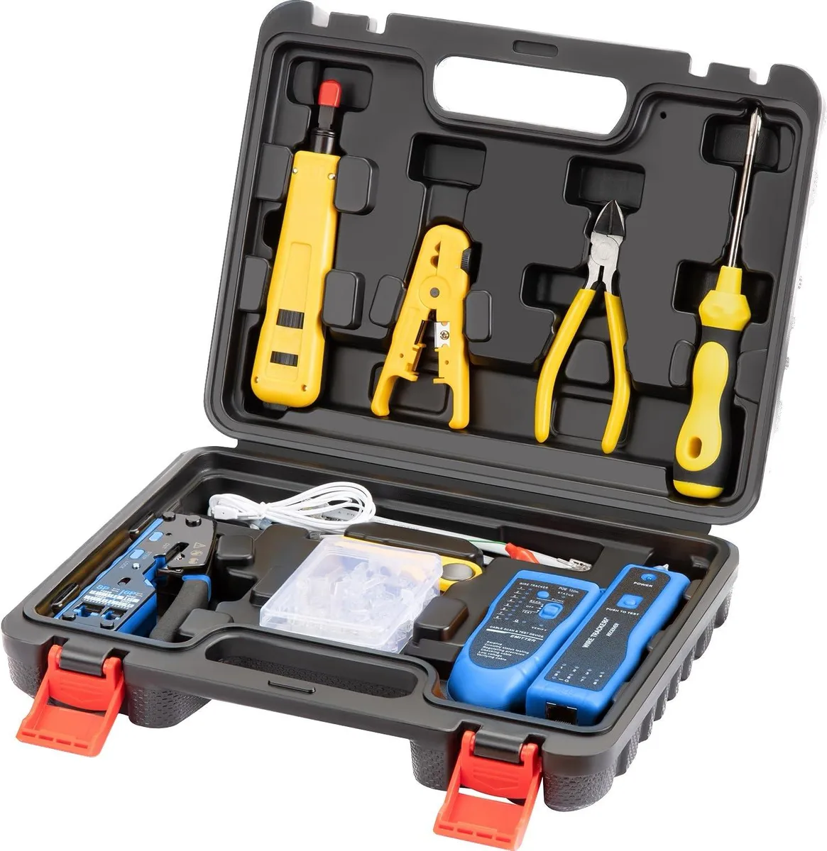 Black ABS network tool kit in a sturdy carrying case with crimper, tracker, punchdown tool, and connectors