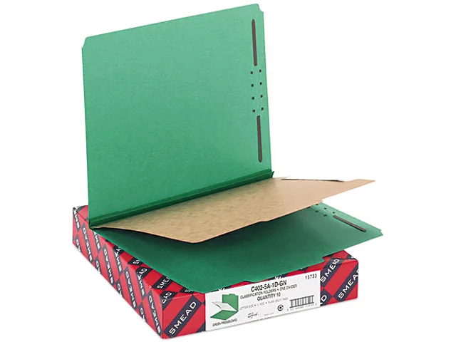 Green pressboard classification folder, letter size, four-section, box of ten