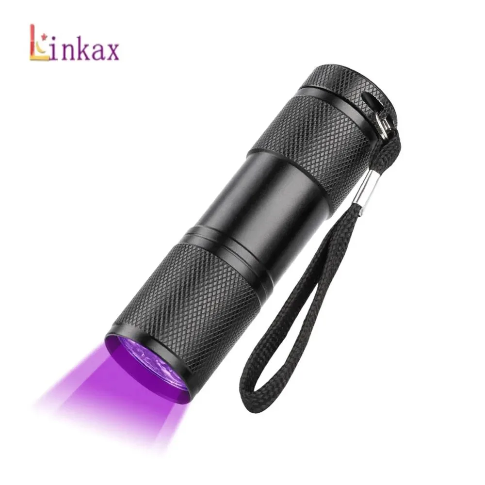 Compact aluminium UV torch, 9 LEDs, 395nm, 9 by 2.5 cm, 46 g