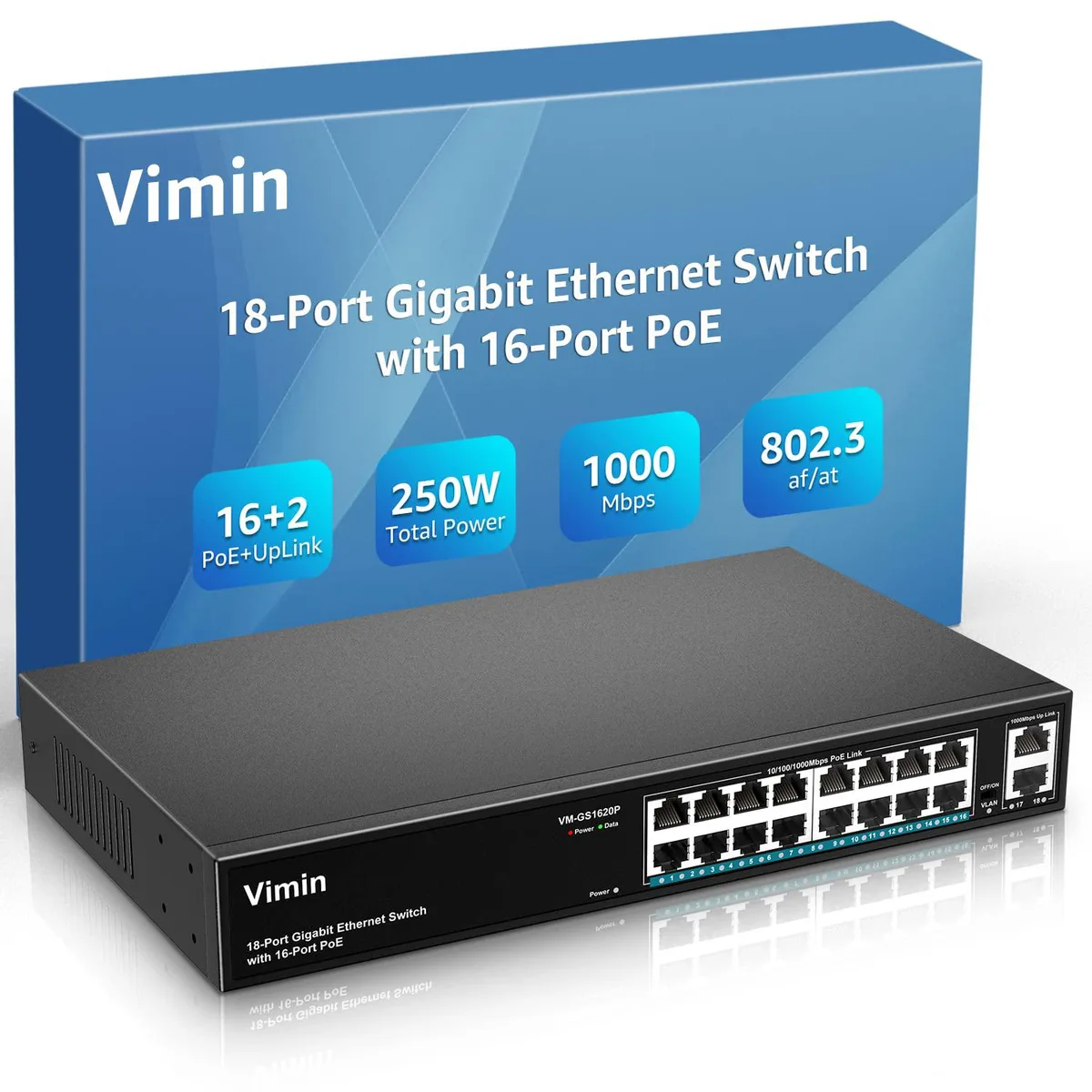 BFKK BFKK 18-Port Gigabit PoE+ Switch 16 PoE 2 Uplink 250W VLAN Rackmount — product photo