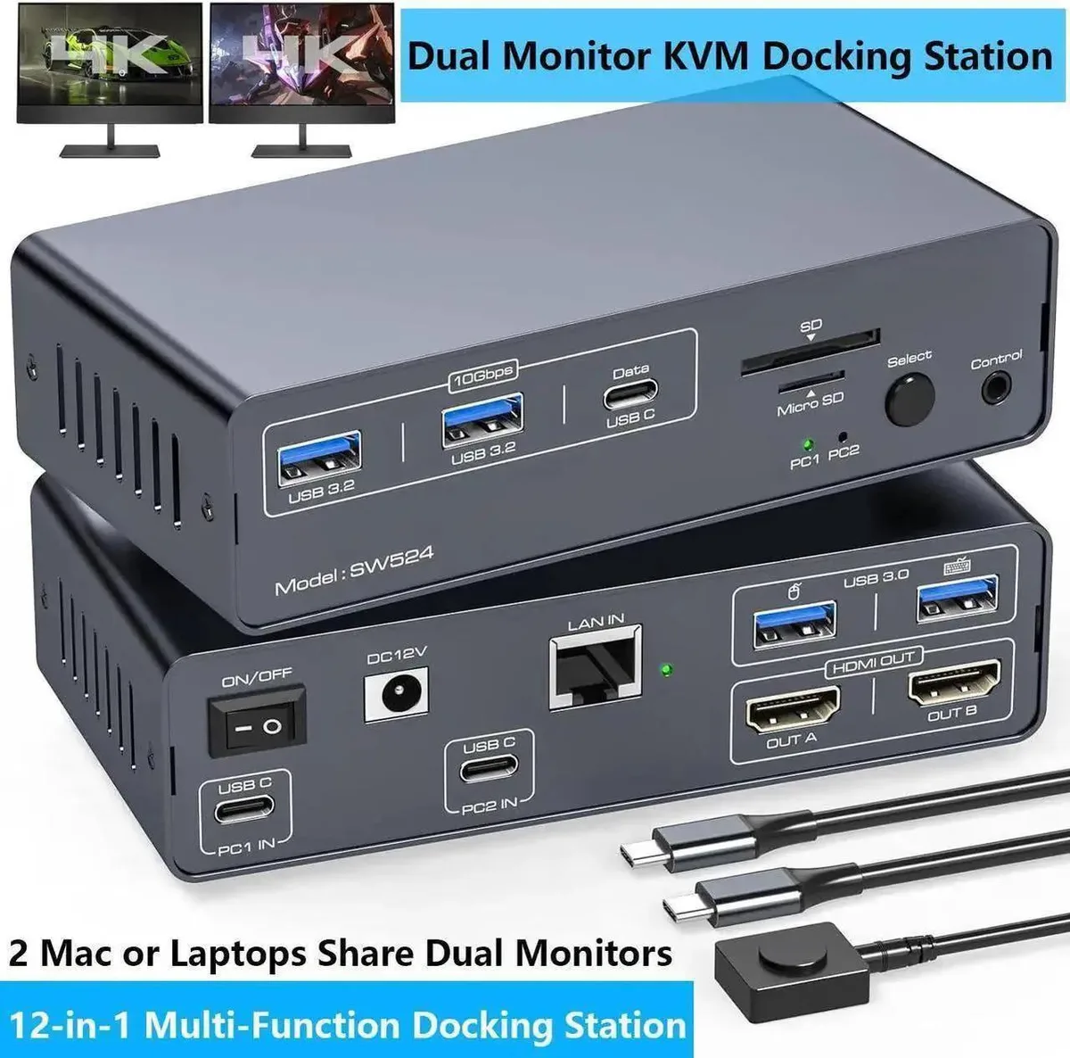 Vszerda Vszerda 12-in-1 USB Display Adapter Dual Monitor KVM 4K60Hz 1G Ethernet USB 3.2 — product photo
