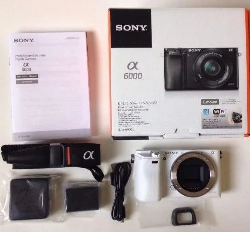 White Sony Alpha a6000 mirrorless camera body with 3 inch tilting LCD screen