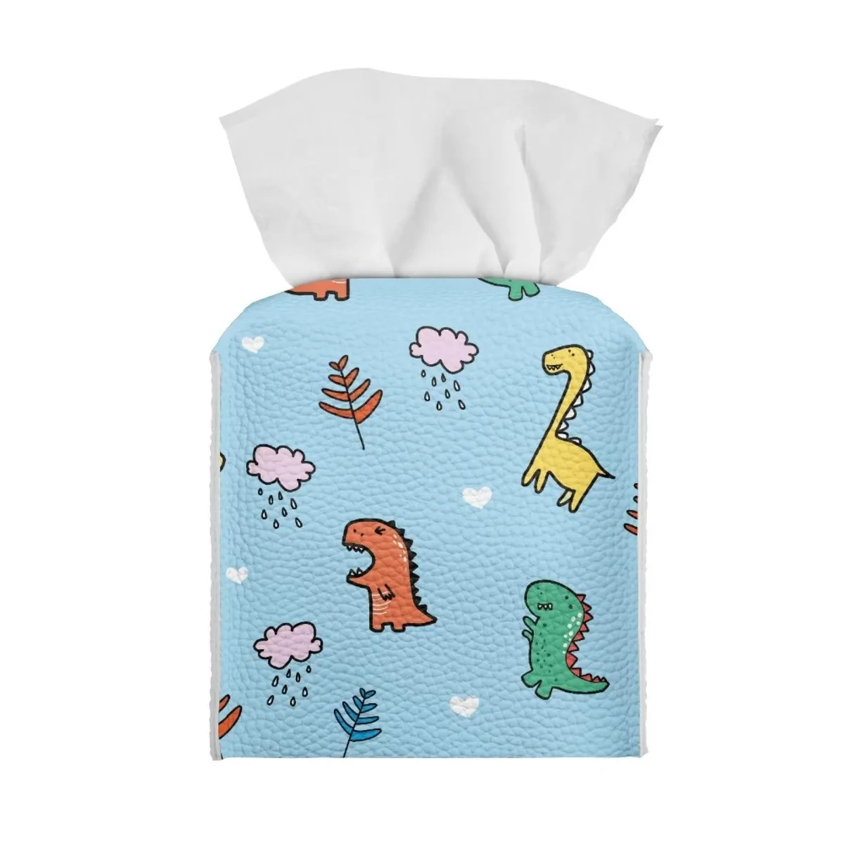 Square PU leather tissue box cover with dinosaur print and bottom strap closure