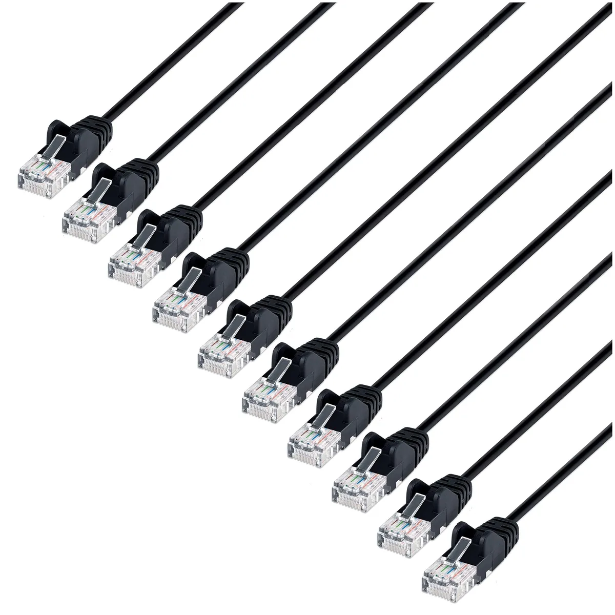 Ten black slim Cat6 patch cables with snagless RJ45 boots