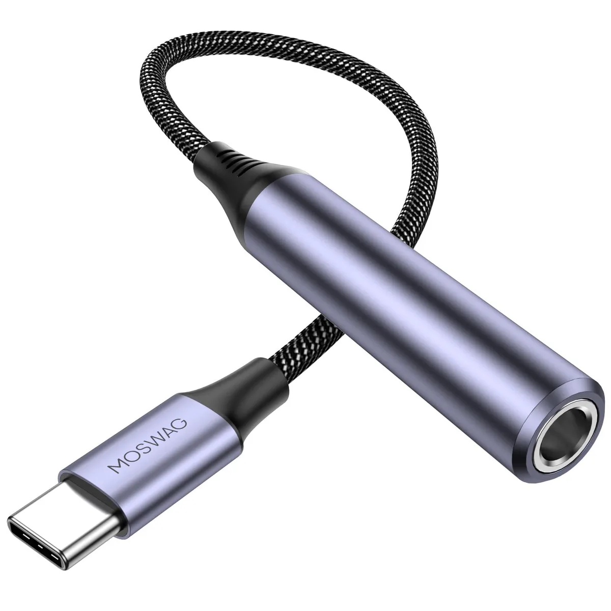 Black USB-C male to 6.35mm female audio adapter with braided cable