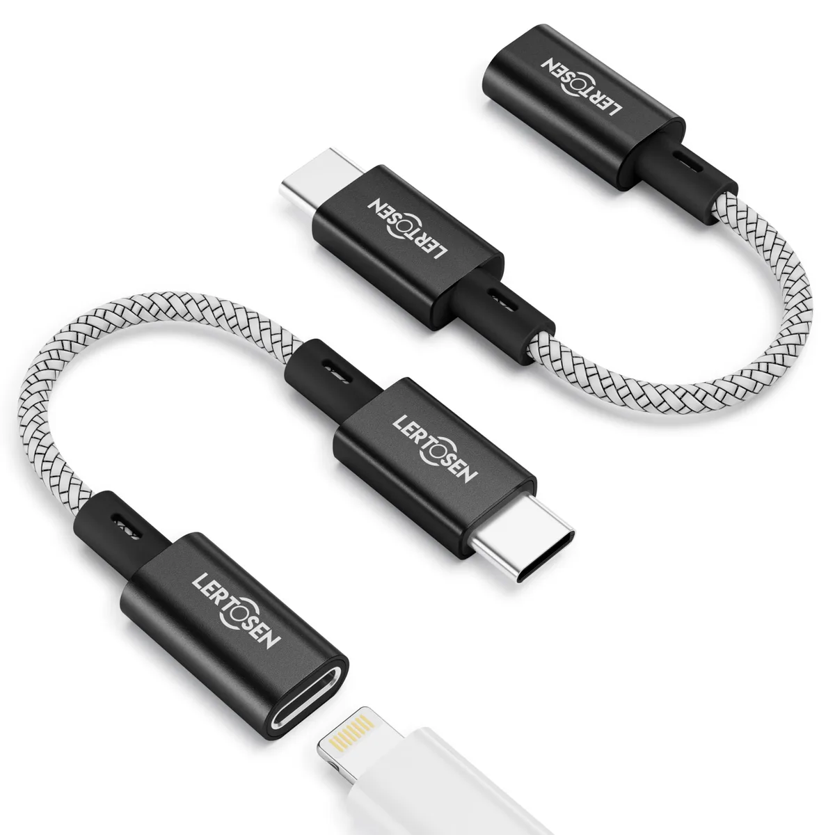Two short black Lightning to USB-C adapters side by side