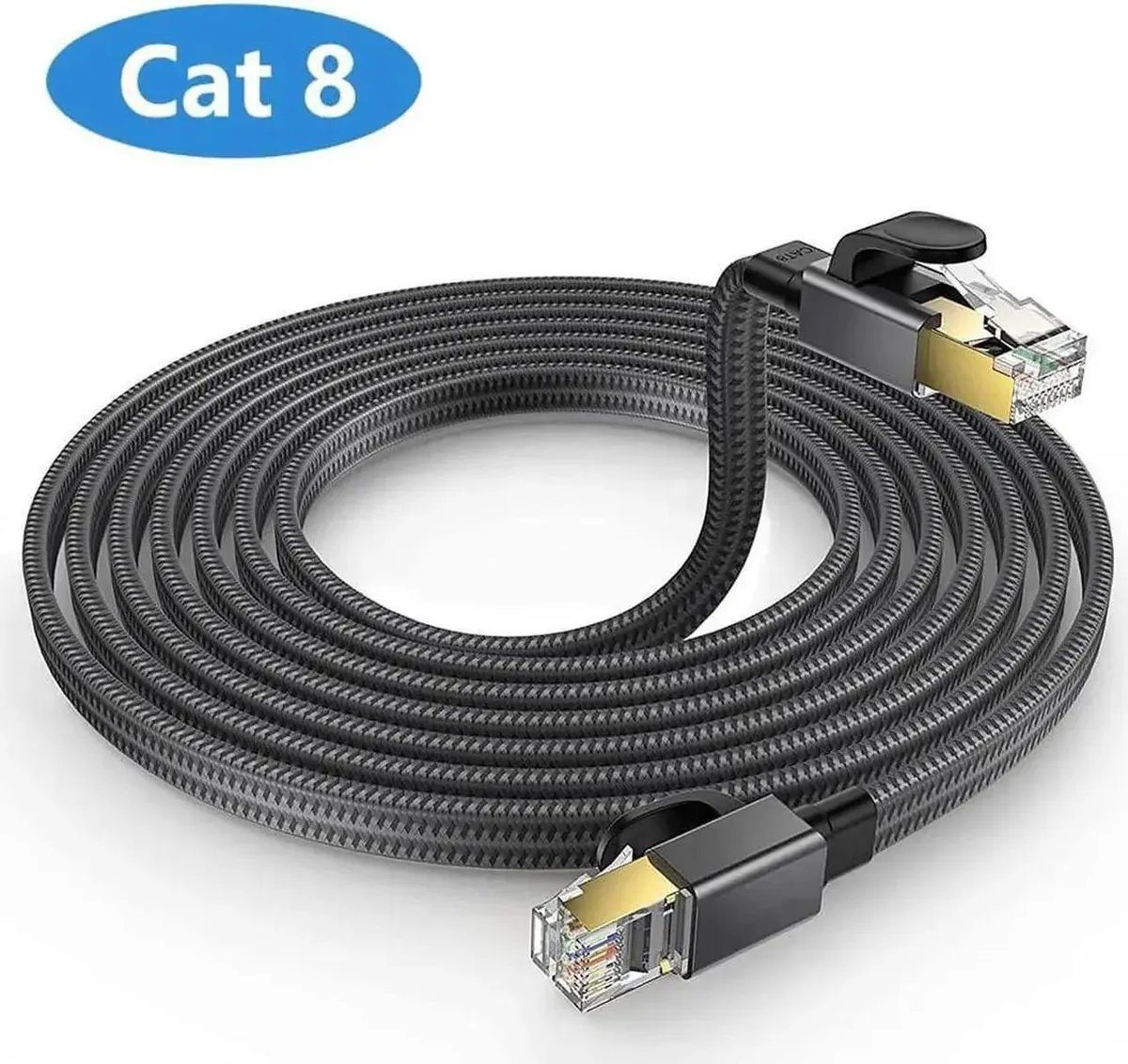 Vszerda Vszerda Cat 8 Ethernet Cable 50FT 15M 26AWG Flat Braided S/FTP 40Gbps 2000MHz Gold RJ45 — product photo