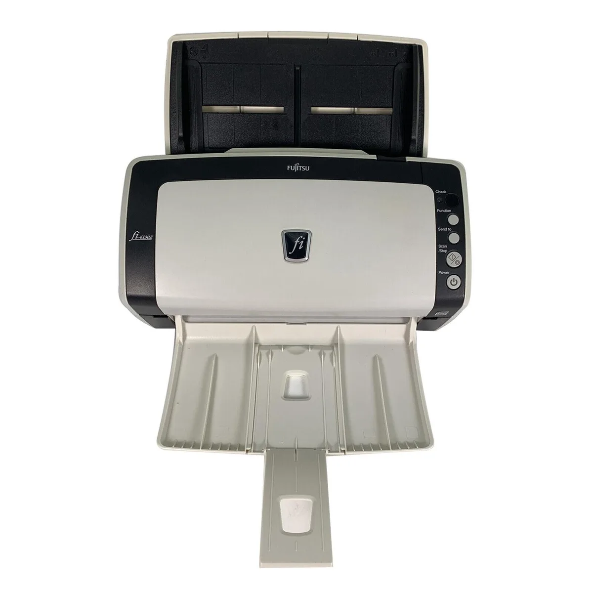 Compact rectangular document scanner in light grey with front paper feed slot and top output tray