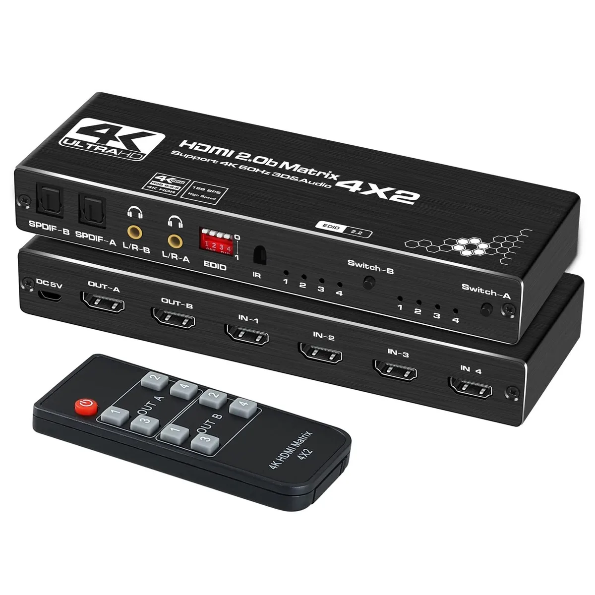 BUCIER BUCIER 4x2 HDMI Matrix Switch 4K@30Hz 2 SPDIF 3.5mm Audio Out IR Remote — product photo