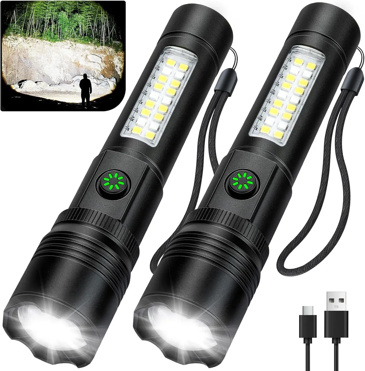 Two cylindrical aluminium flashlights with USB-C ports and textured grips
