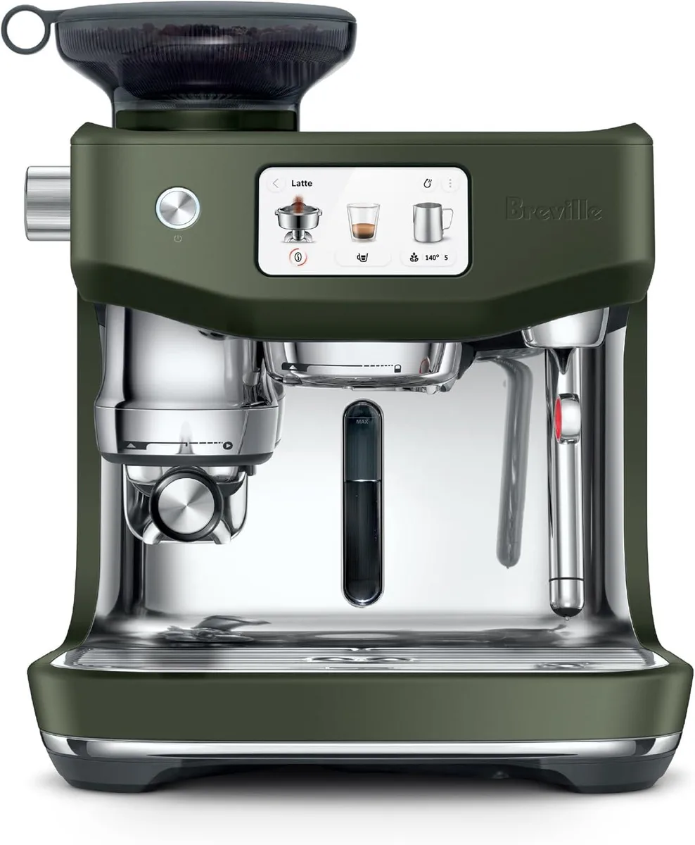 Olive Tapenade espresso machine with integrated grinder, 14.5 by 15 by 16.7 inches