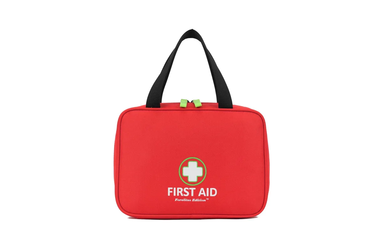 Red fabric first aid bag with zipper, 10 inches, 200g