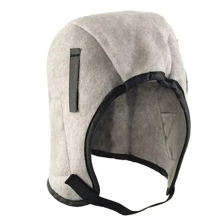 Grey polyester fleece hard hat liner with hook-and-loop chin strap and reflective strip