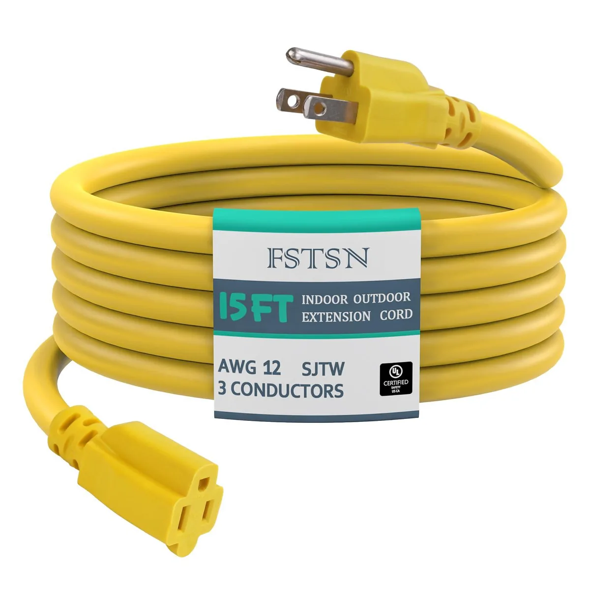  FSTSN 15 ft 12/3 Outdoor Indoor Extension Cord Yellow — product photo