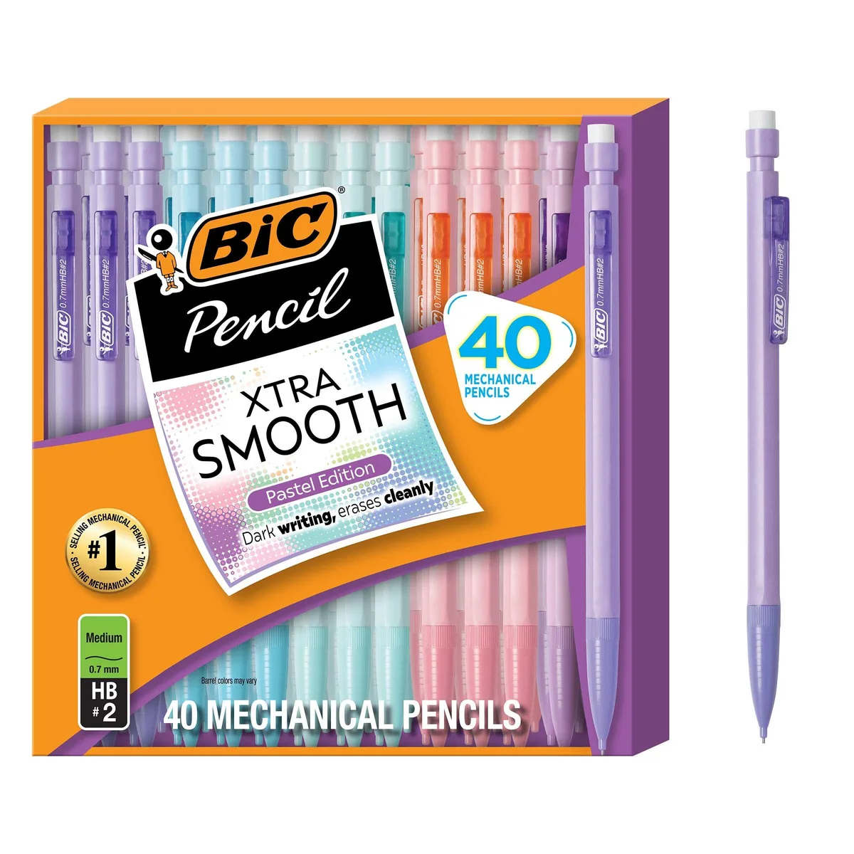 Clear plastic box holding forty pastel mechanical pencils with hexagonal barrels and click erasers