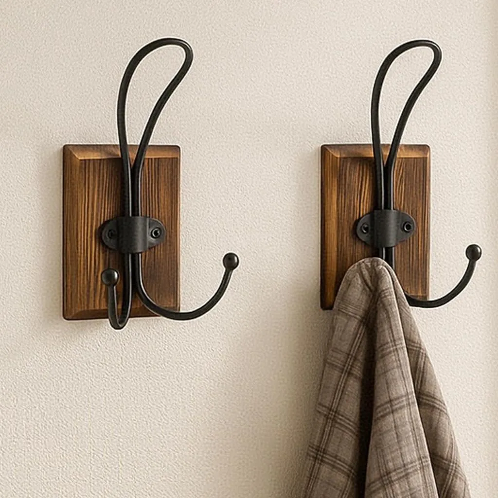 Rustic brown pine wood wall hooks with black metal hooks