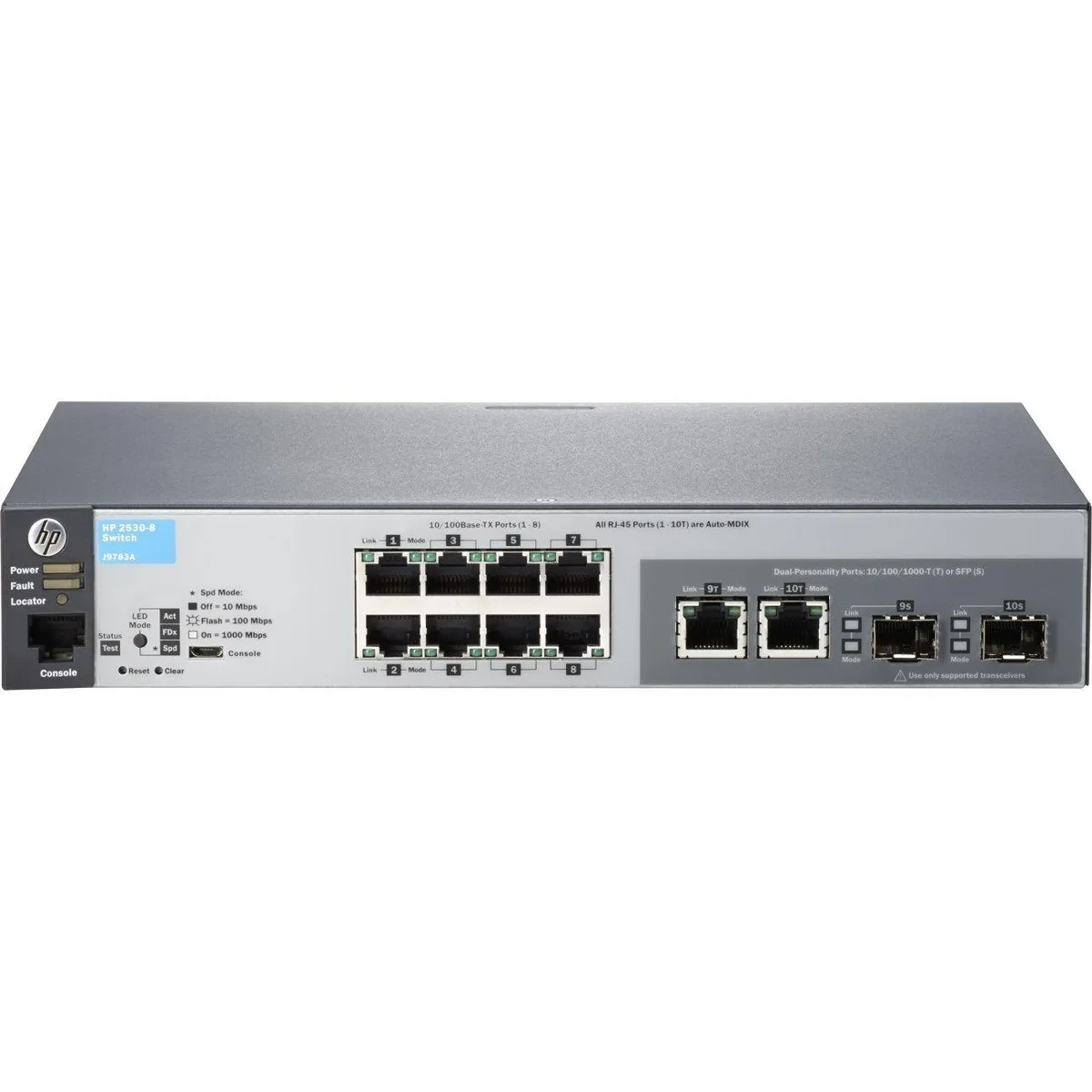 Compact silver rack-mountable network switch with eight front ports and two SFP slots