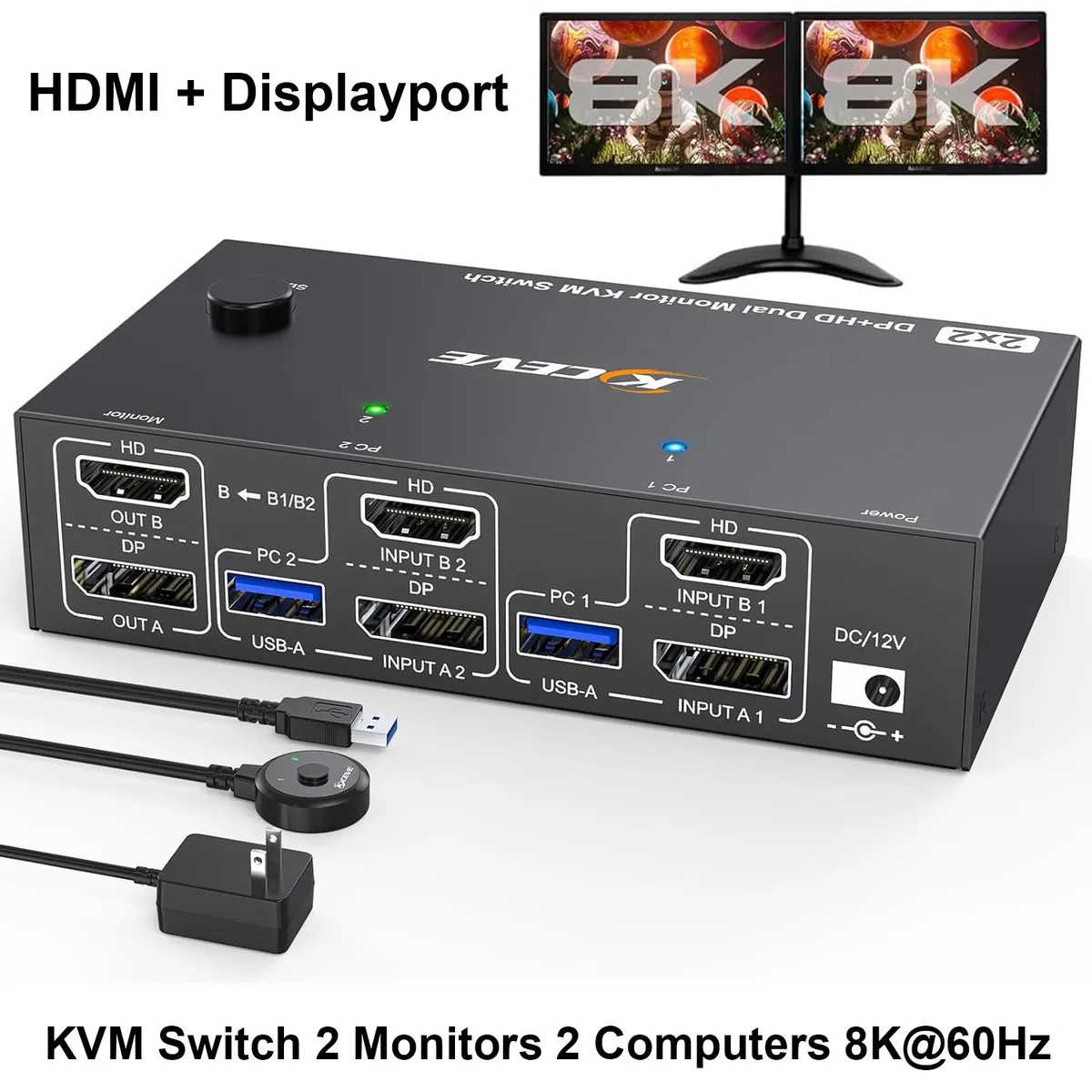 IHDAPP IHDAPP 4K@144Hz 8K@60Hz Dual Monitor KVM Switch 2 PC HDMI DP USB 3.0 Wired Remote — product photo