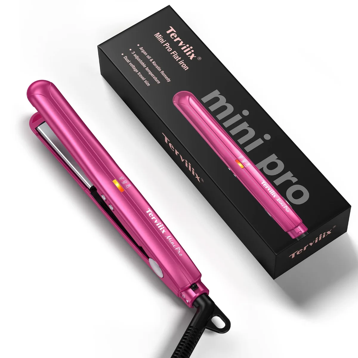 Pink mini flat iron with ceramic plates, 7.9 inches long