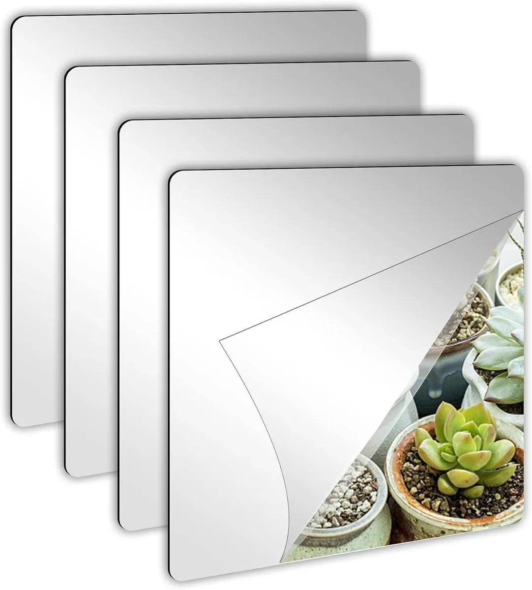 Four square acrylic mirror tiles with self-adhesive backing and protective film