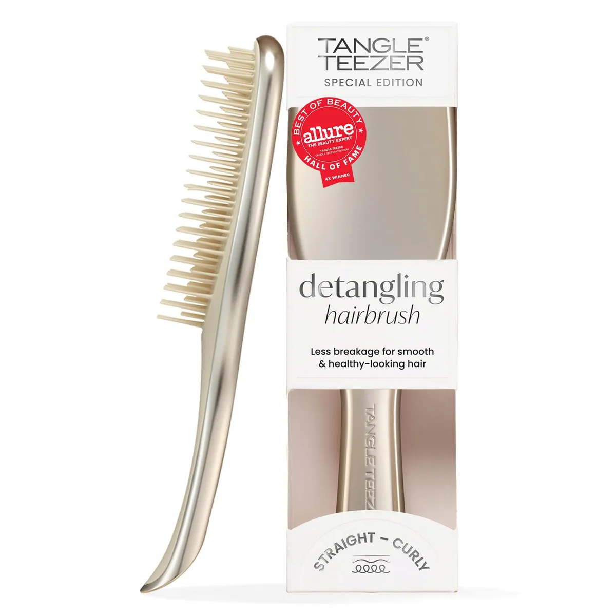 Chrome-finish detangling brush with two-tiered flexible teeth