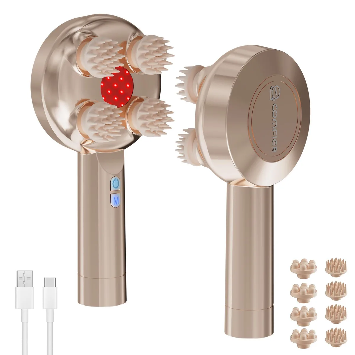 Gold handheld massager with eight silicone claws, ergonomic handle, compact oval head