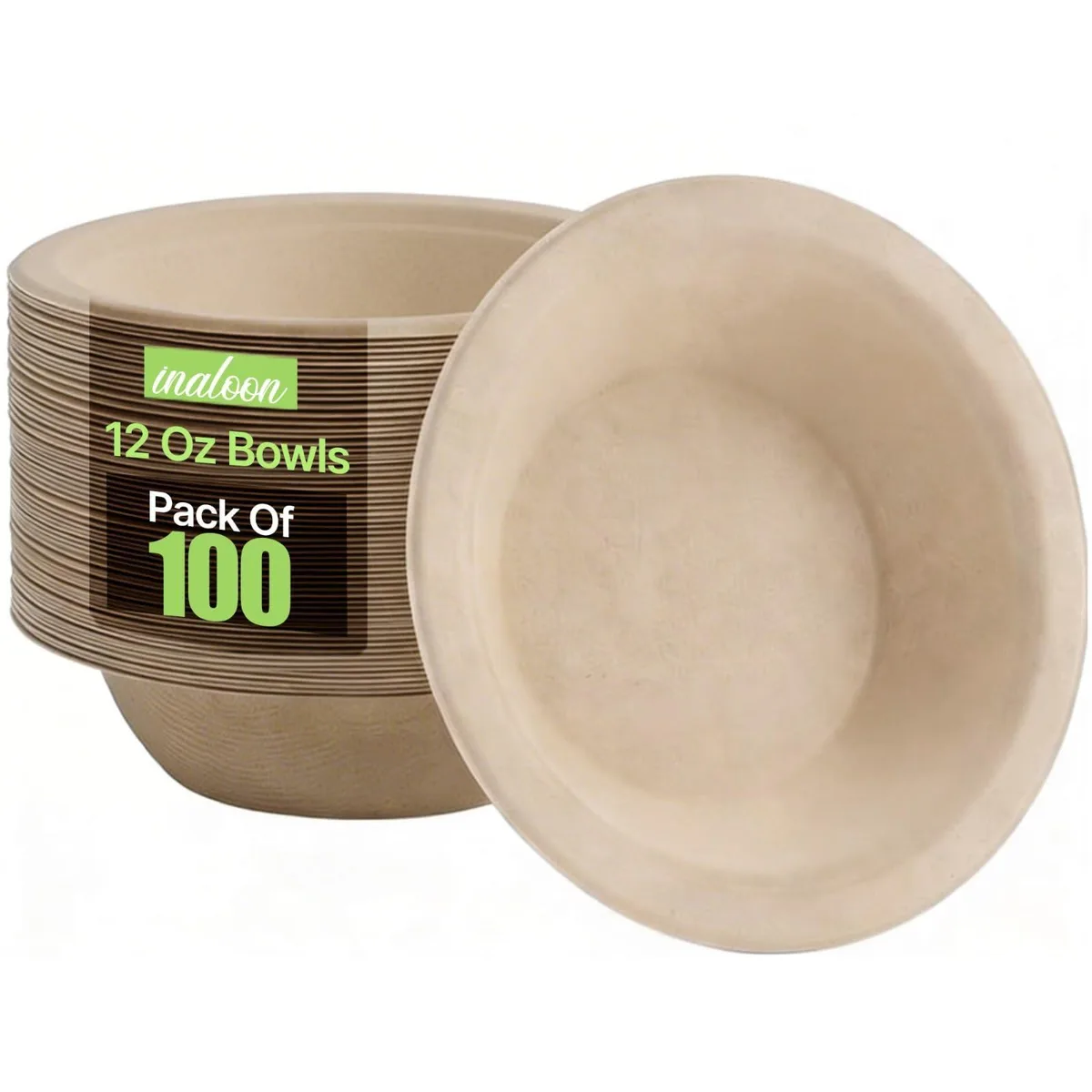 Stack of 100 brown compostable paper bowls, 12 oz capacity