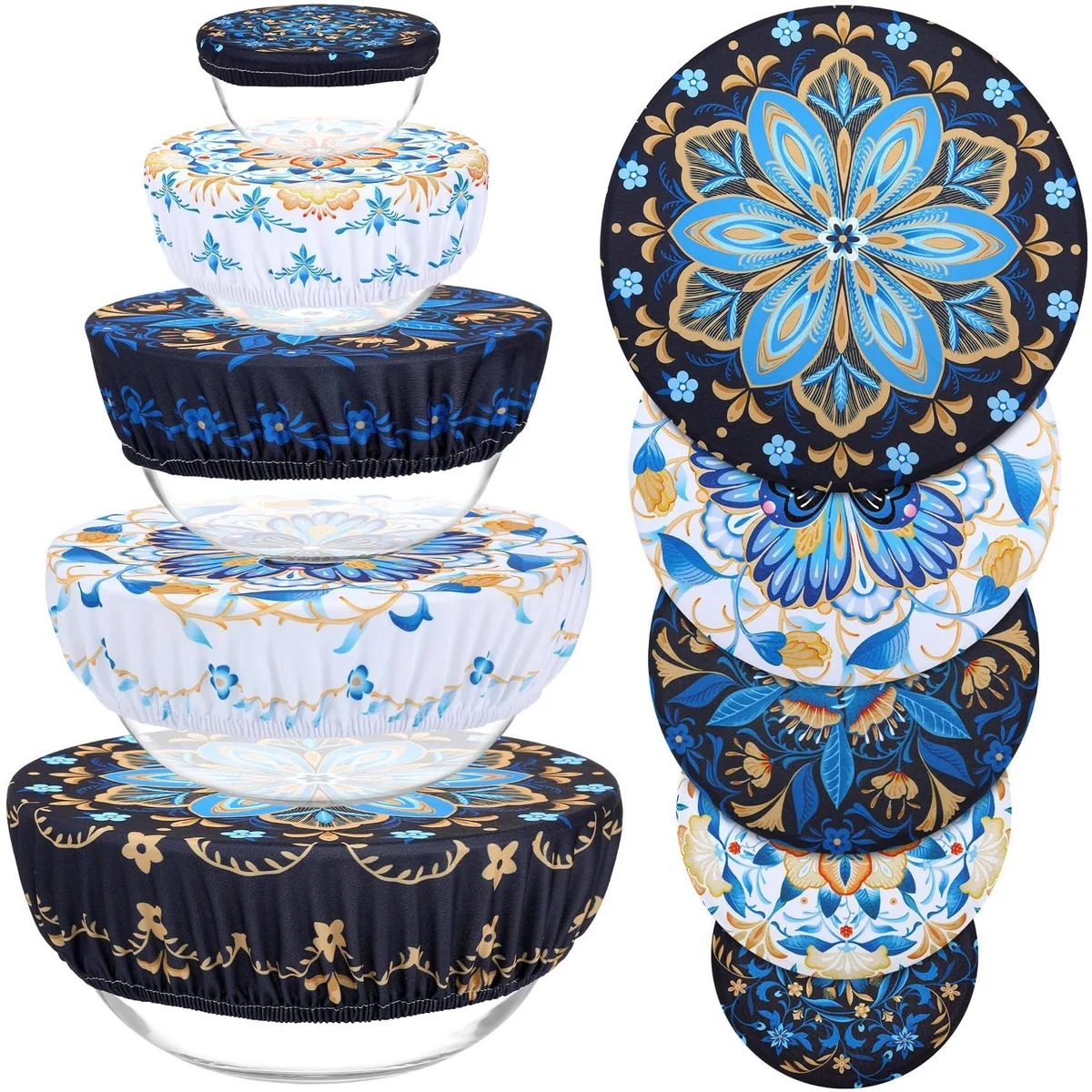 Set of five floral elastic cloth bowl covers in graduated sizes