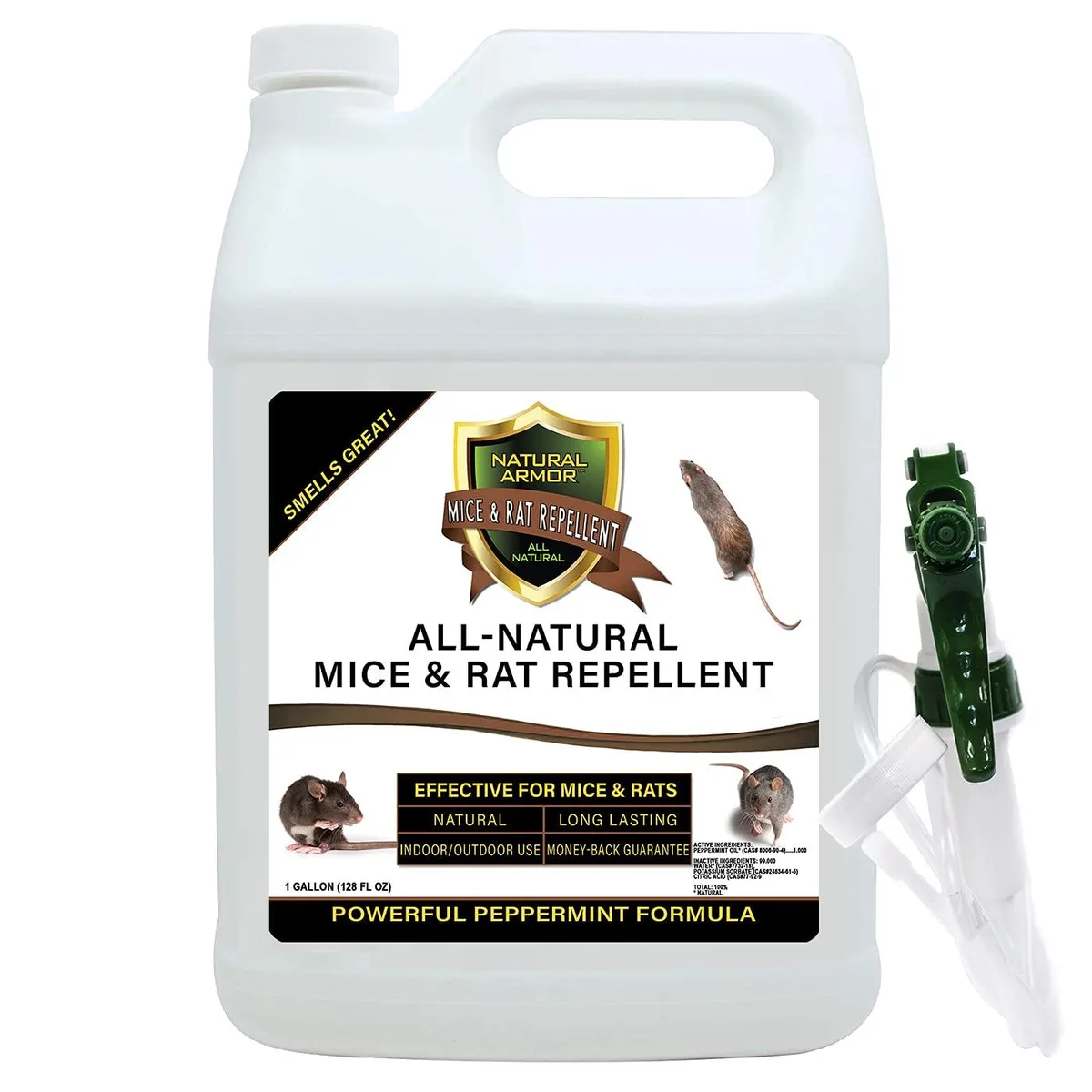 White plastic gallon jug with black trigger sprayer and peppermint label