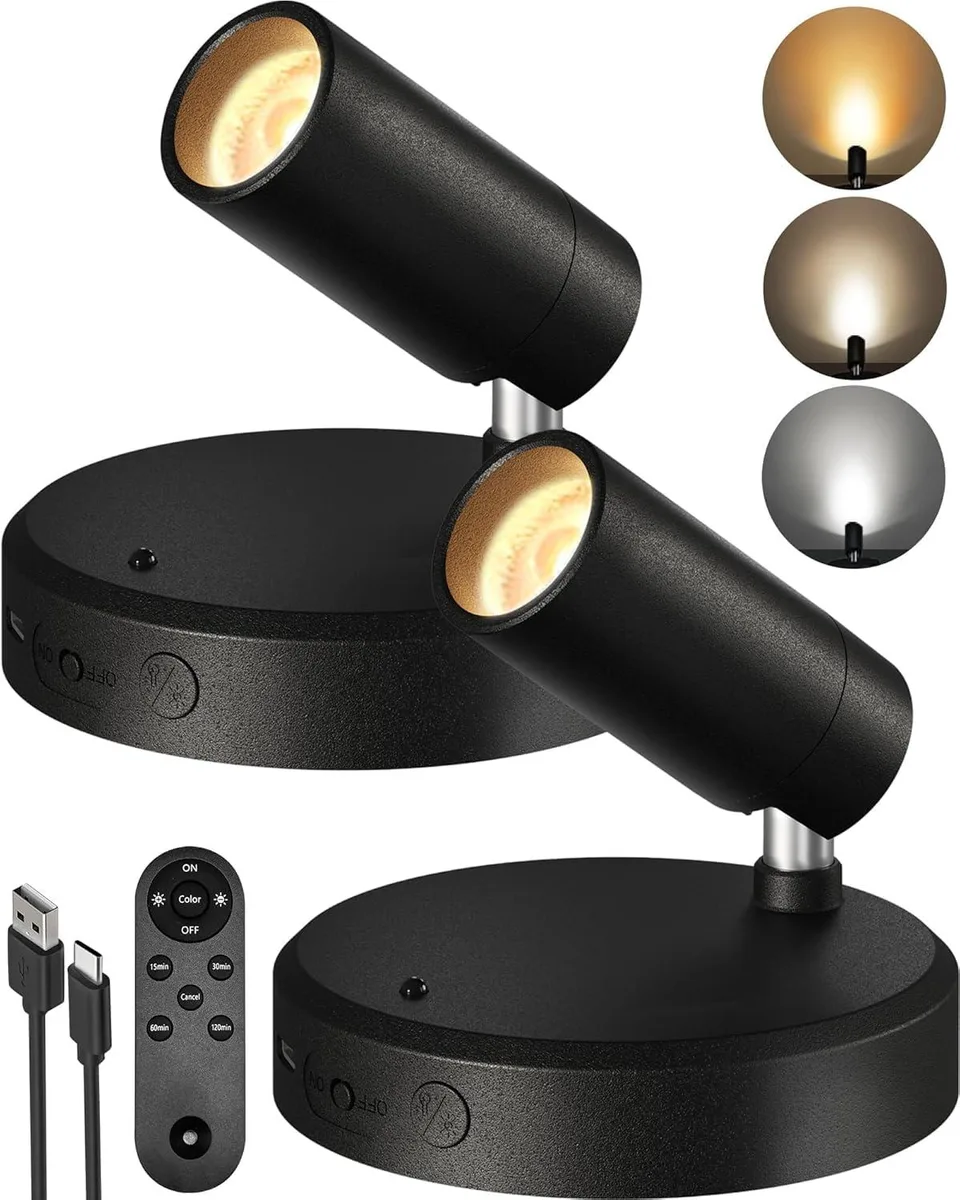 Two black cylindrical spotlights with adjustable heads shown in a pair