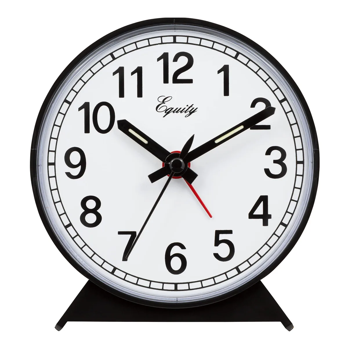 Black round analog alarm clock with white dial, black numbers, luminous hands, plastic case, key-wind movement