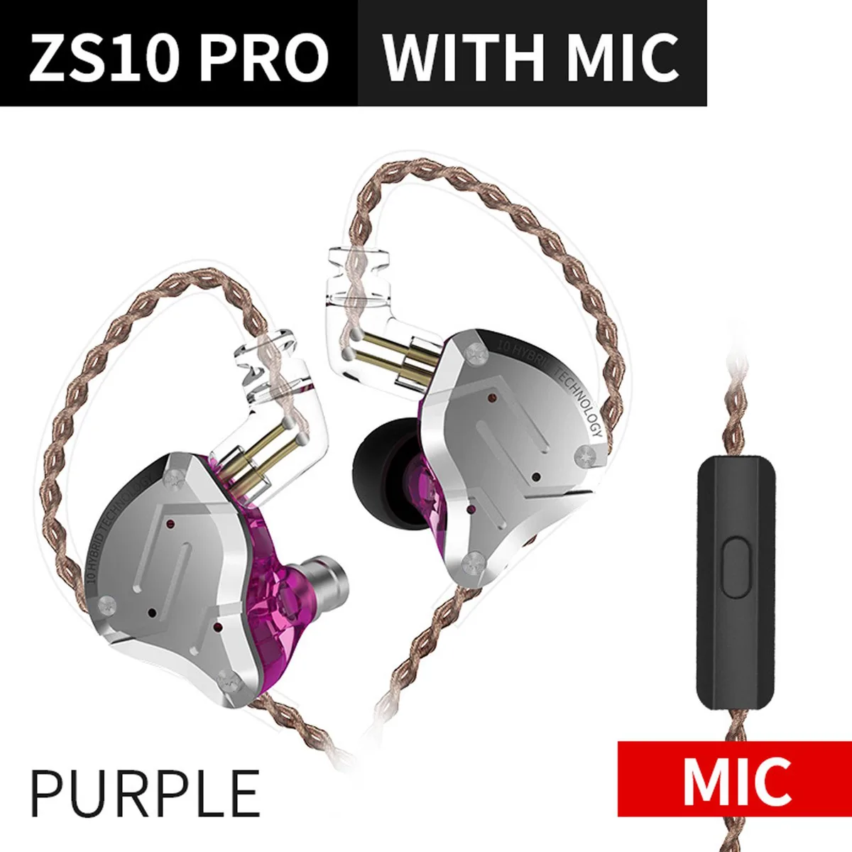 KZ Earphone KZ ZS10 Pro 1DD+4BA Hybrid In-ear Headphones Purple 3.5mm 2pin .75mm — product photo