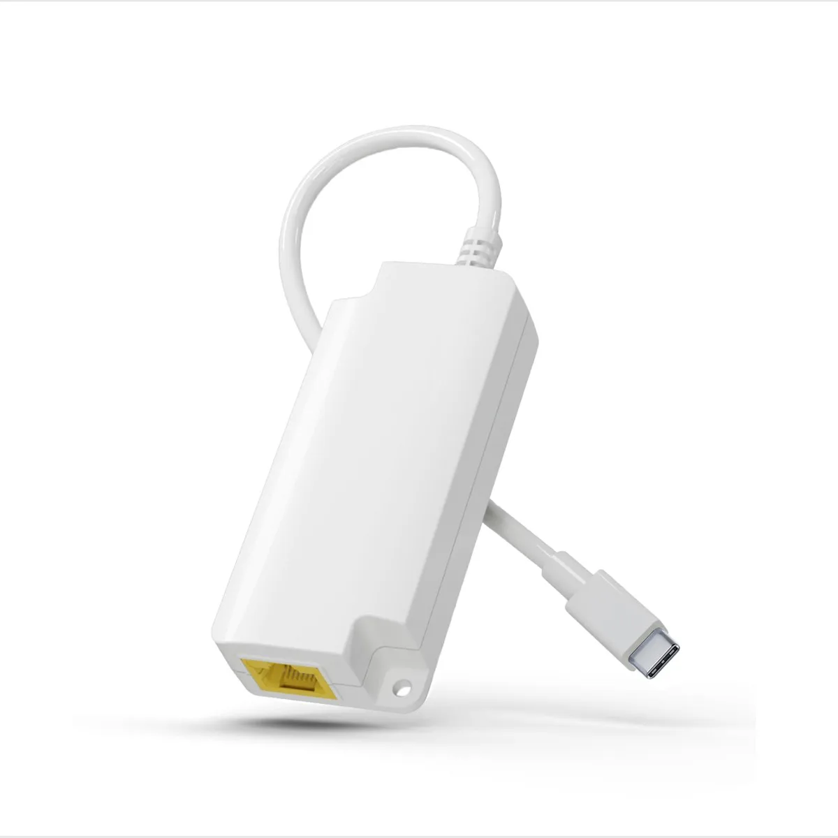 Small white rectangular adapter with RJ45 and USB-C ports