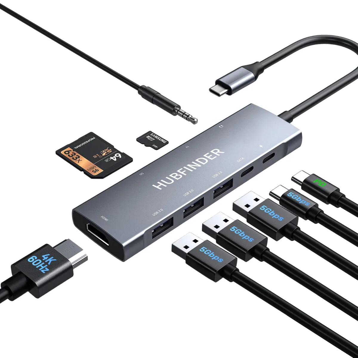  HUBFINDER 9 IN 1-HUB USB-C hub with 4K HDMI 100W PD 5Gbps 3.5mm audio — product photo