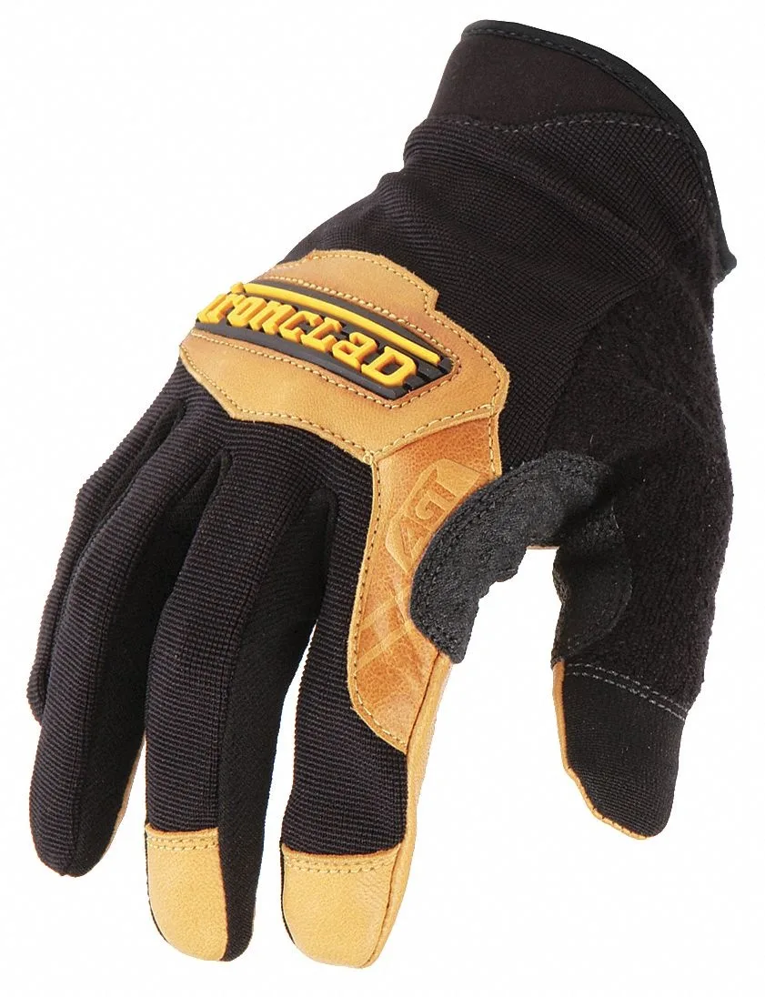 Pair of black and beige mechanics gloves with reinforced goatskin palms and nylon spandex backs, slip-on cuffs