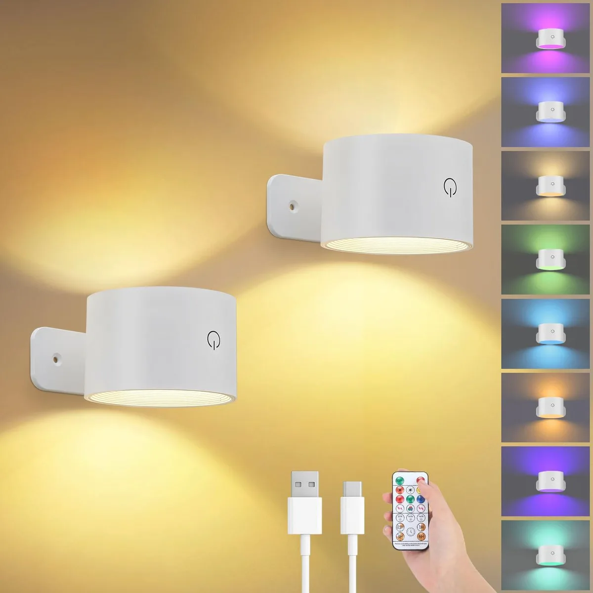 Two white metal wall sconces with magnetic bases and remote control