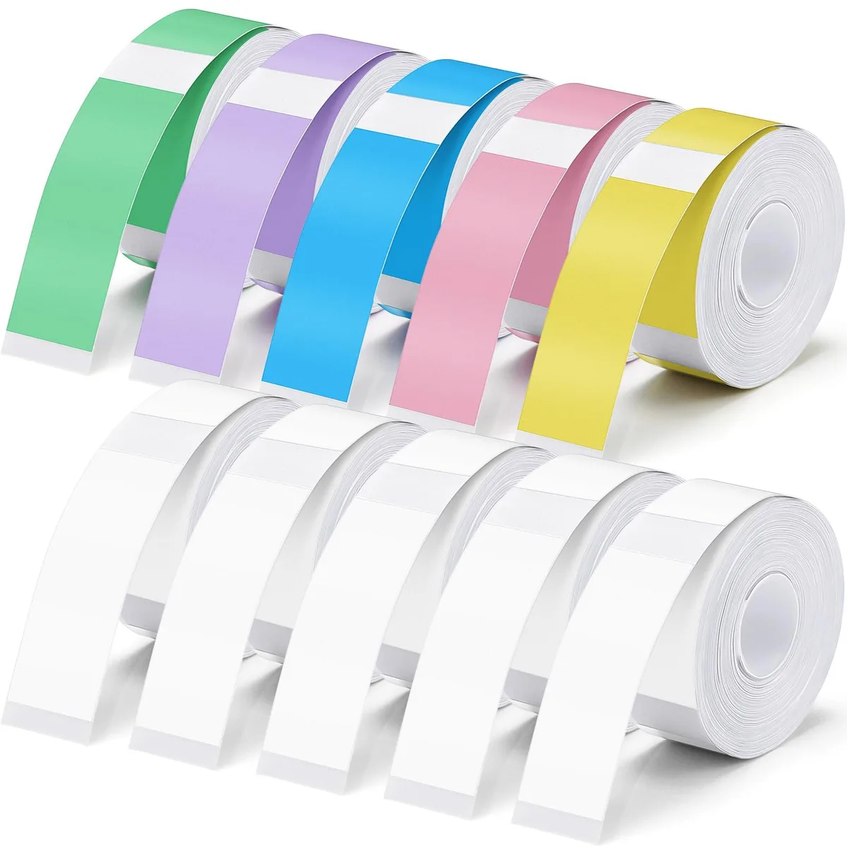 Ten rolls of multicolour laminated label tape, 15 by 40 mm, 1600 stickers total