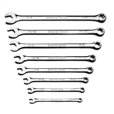 Eight-piece wrench set in tray, chrome finish, extra-long handles