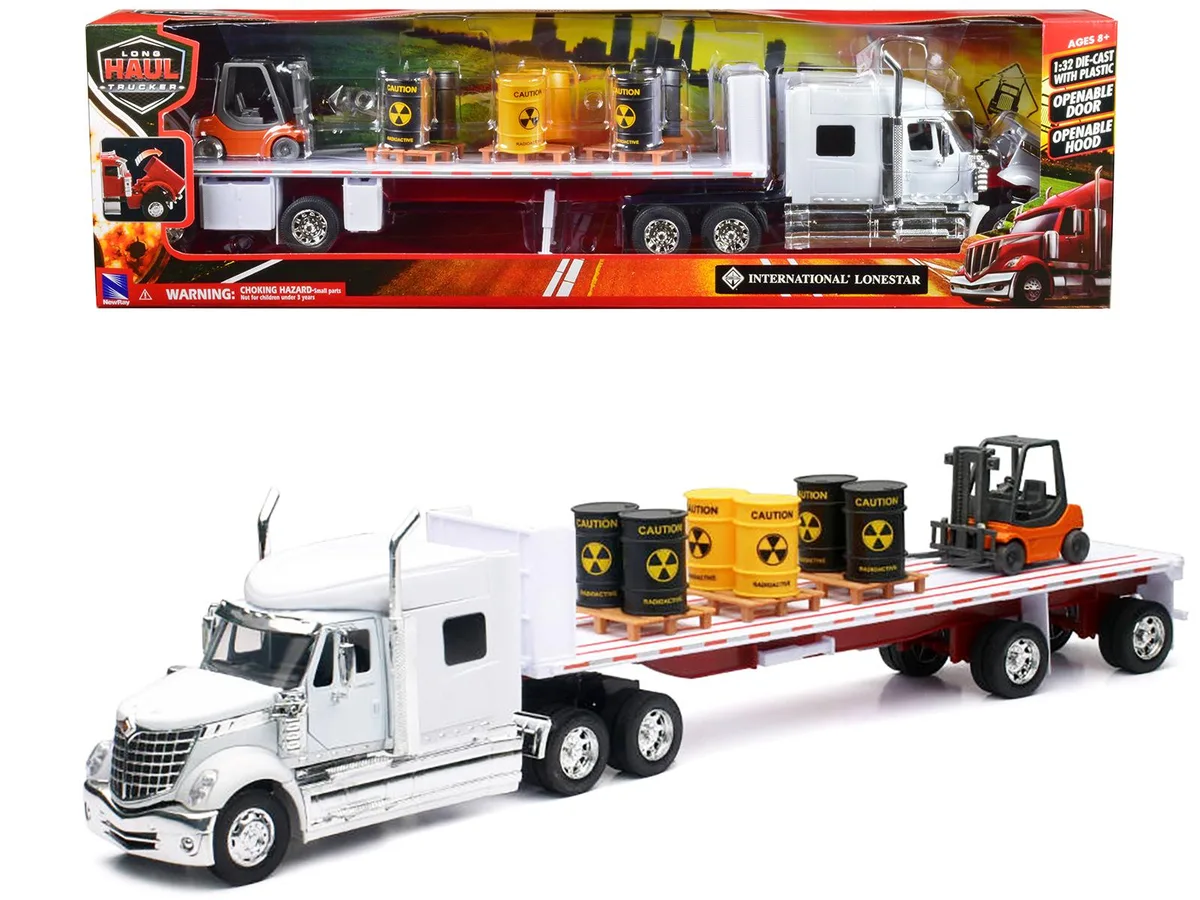 New Ray Toys New Ray Toys International Lonestar Flatbed Truck White 1/32 Diecast with 6 Barrels, 3 Pallets, Forklift — product photo
