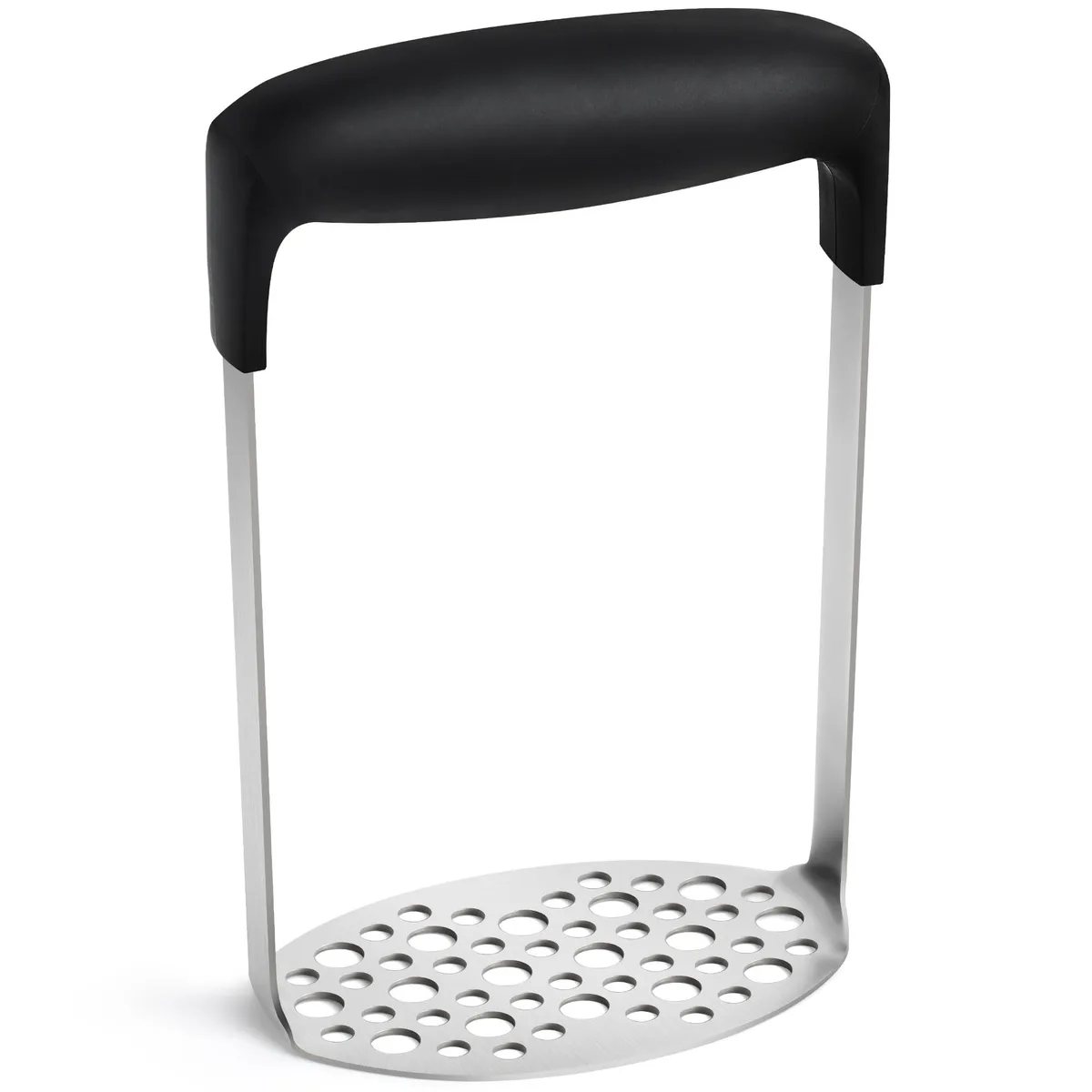 Black stainless steel potato masher, 18 by 12 cm, ergonomic handle