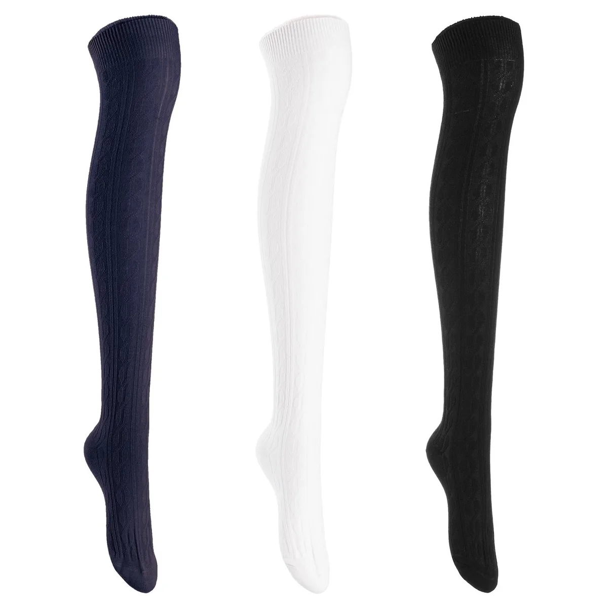 Three pairs of over-the-knee cotton socks in black cream and navy