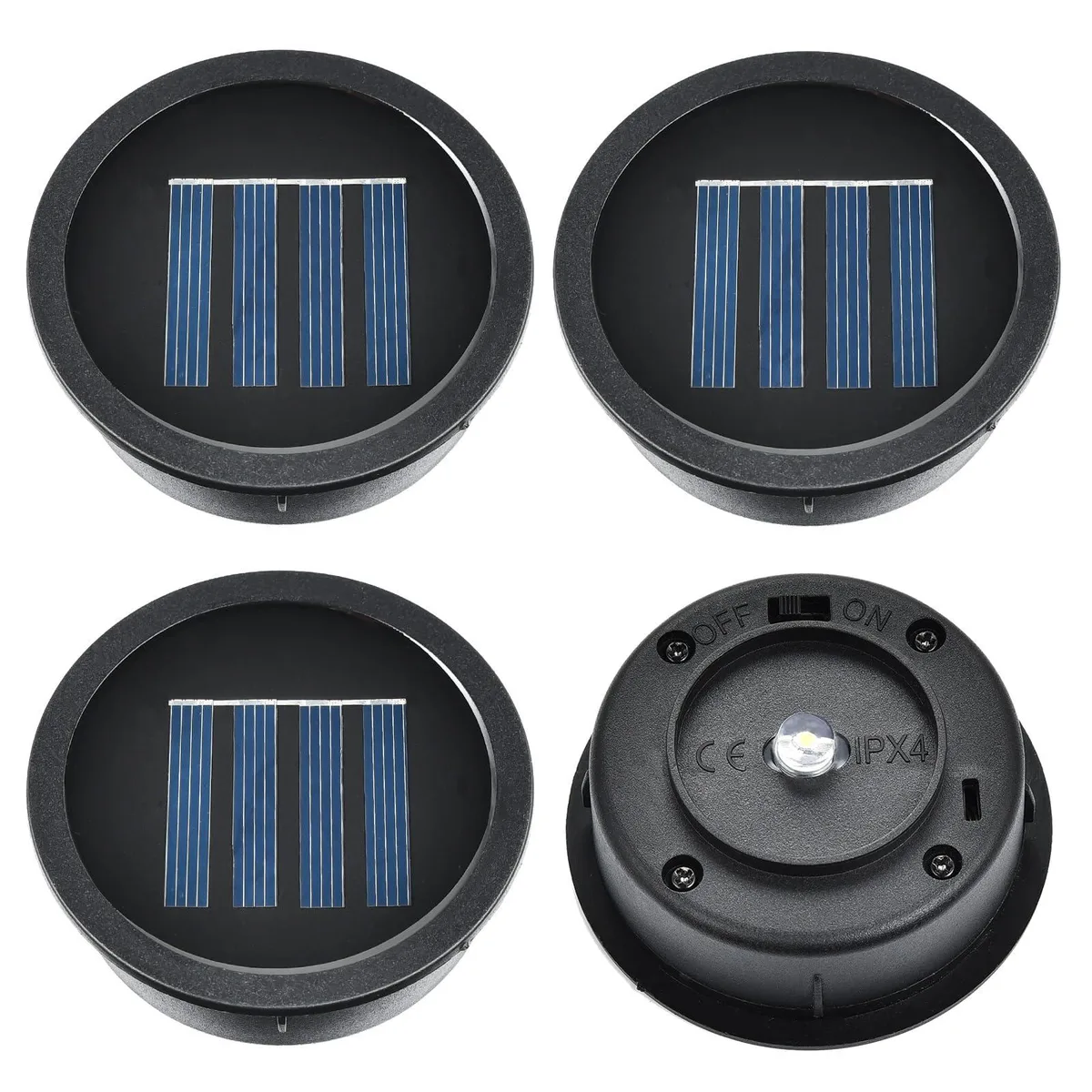 Four white acrylic solar light tops with clear prismatic glass, 2.76 inch diameter