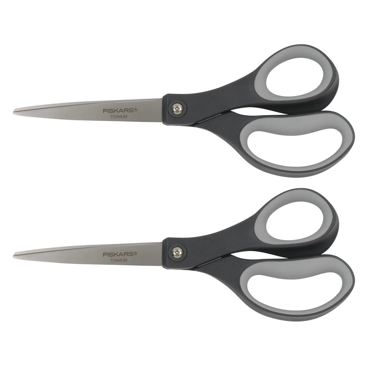 Two 8-inch titanium-coated scissors with ergonomic soft-grip handles