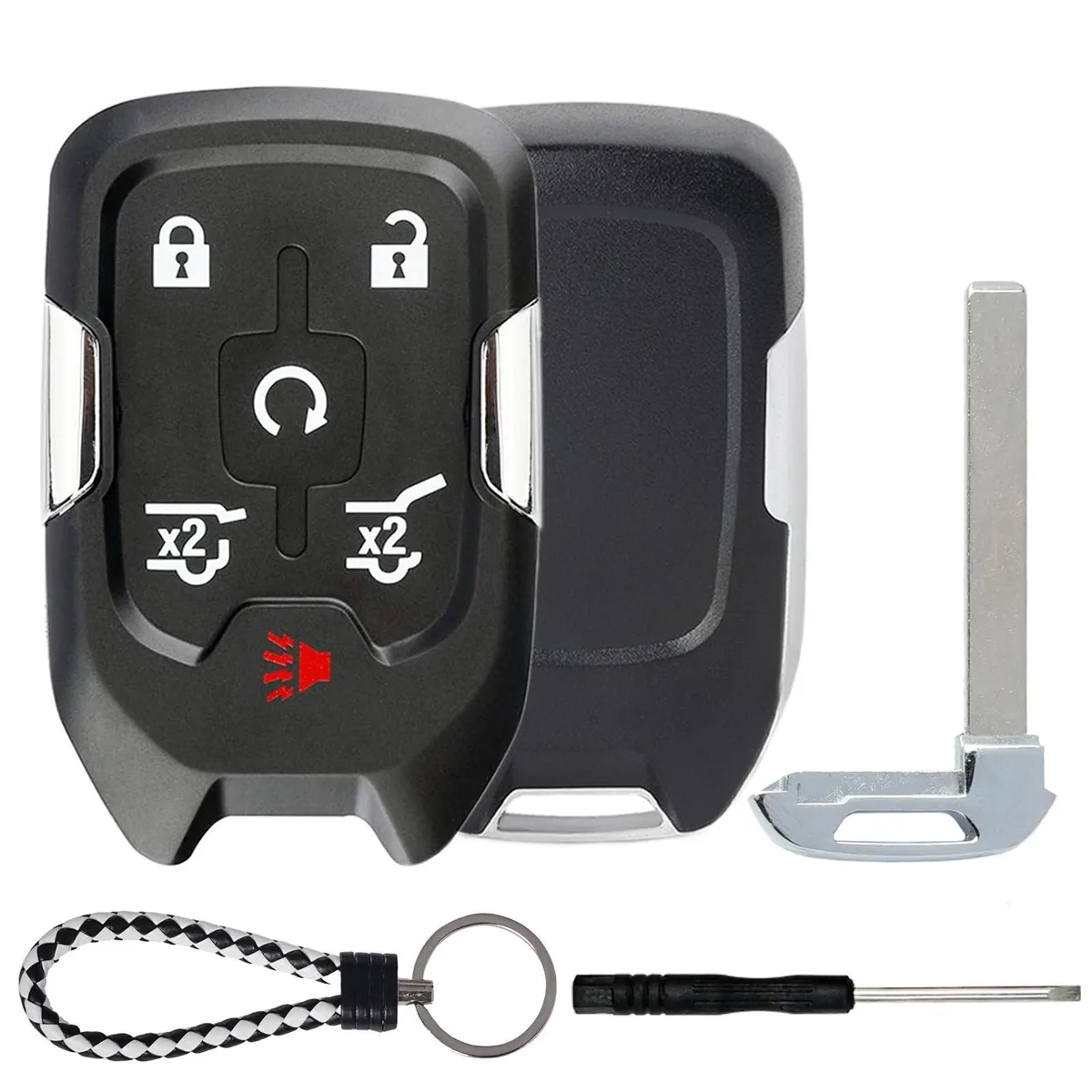 Black plastic key fob shell with six buttons and uncut metal key blade