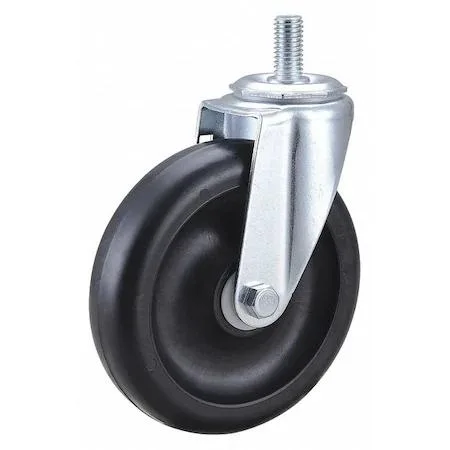 Silver stem caster with black five-inch polyolefin wheel and threaded steel stem