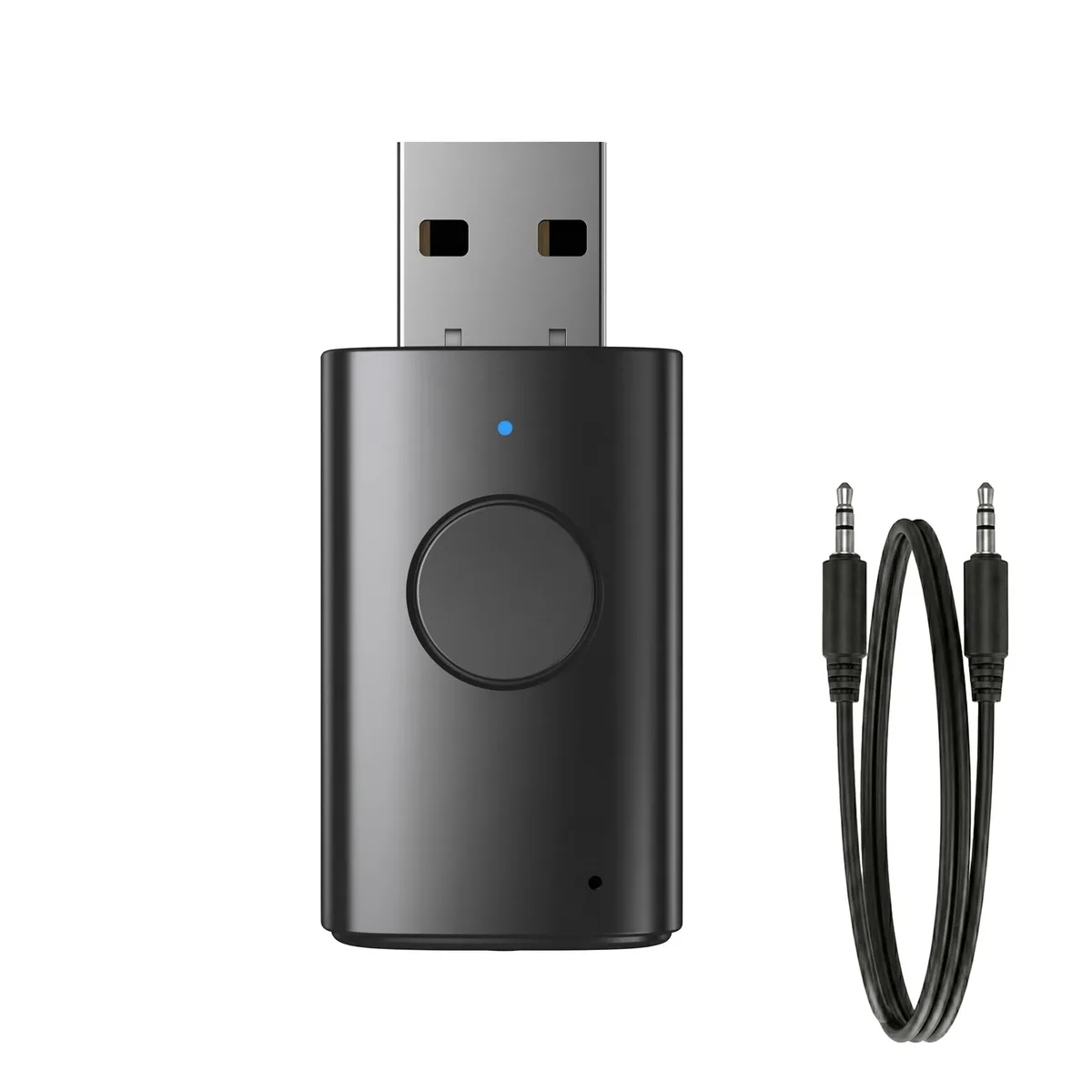 Small black rectangular Bluetooth 6.0 adapter with 3.5mm cable and USB plug