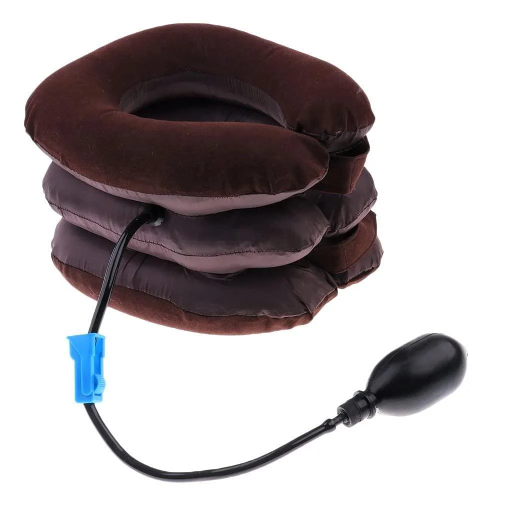 Black inflatable cervical neck traction brace, small size, soft fabric finish