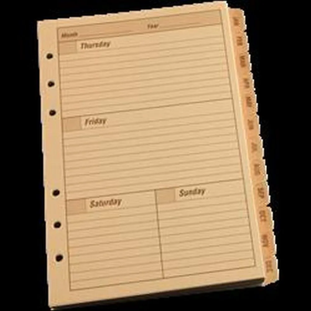 Tan weekly planner refill pages with monthly tabs and future planner sections