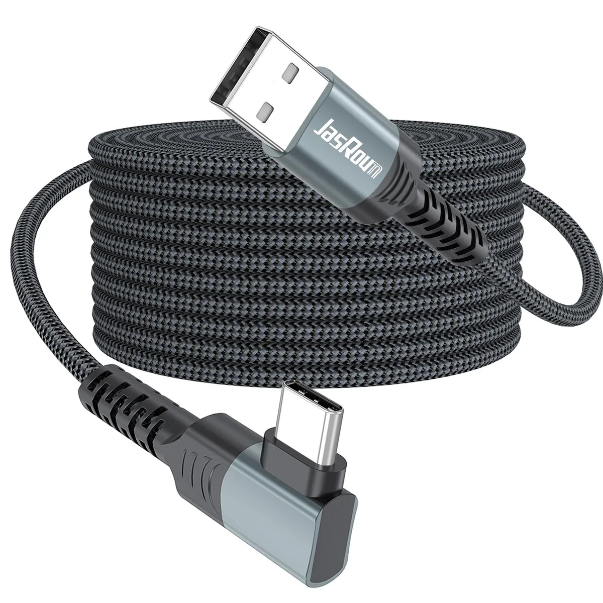 Grey braided USB-A to USB-C cable with right-angle connector, ten feet long