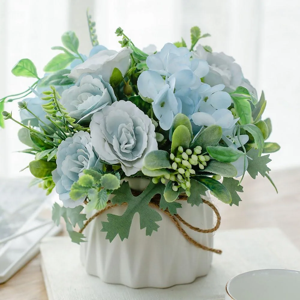  TKAS Silk Rose &amp; Hydrangea Arrangement in Ceramic Vase, Blue, 50H x 15W x 15D — product photo